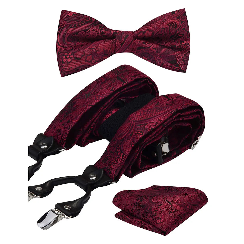 Y Shape Suspenders Bowtie and Pocket Square Set