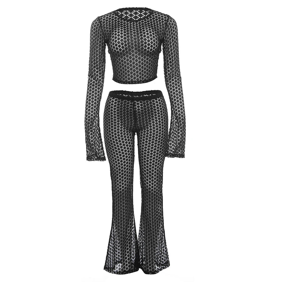 See Through 2 Piece Set Women Hollow Out Long Sleeve Outfits