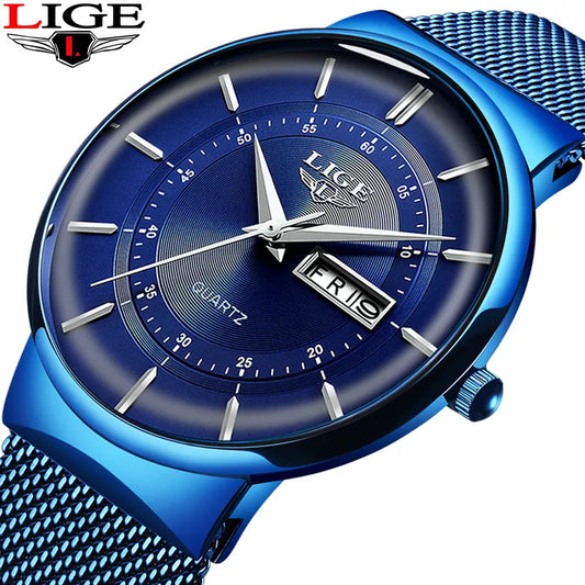 New Blue Quartz Clock LIGE Mens Watches Waterproof Wrist Watch Reloj Hombre