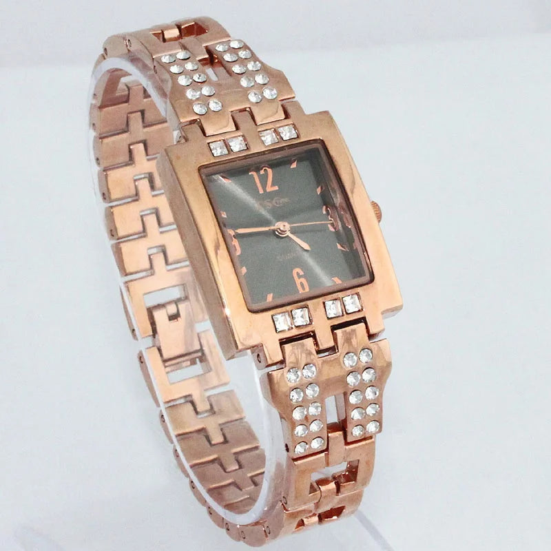 Women Office Ladies Rose Gold Stainless Steel Quartz Wristwatch