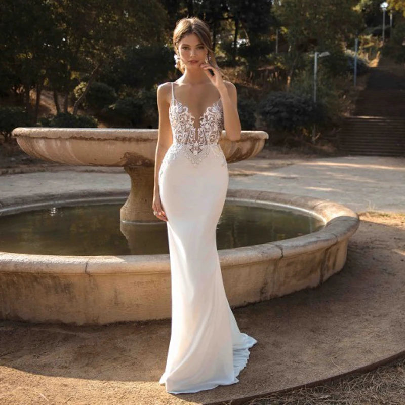 Sexy Mermaid Wedding Dresses Spaghetti Straps Lace Beach Bride Dress Backless