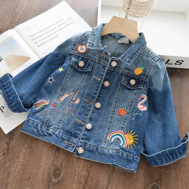 Menoea Girls Denim Outerwear cartoon Coat Embroidery Children