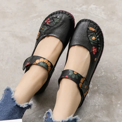 Spring Flower Design Round Toe Soft Bottom Flat Shoes Vintage Leather Flats