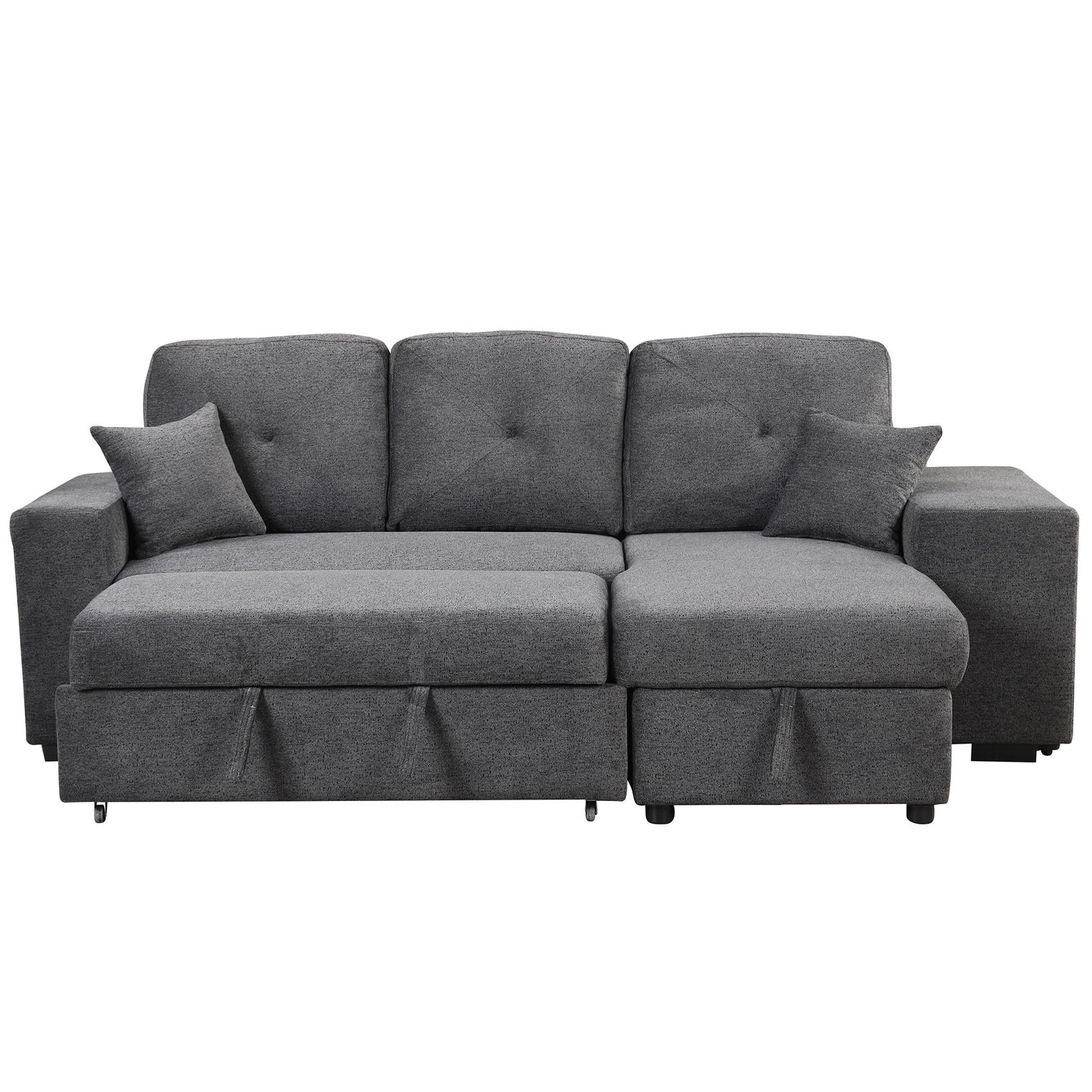 Reversible Sleeper Sectional Sofa Bed With Side Shelf and 2 Stools