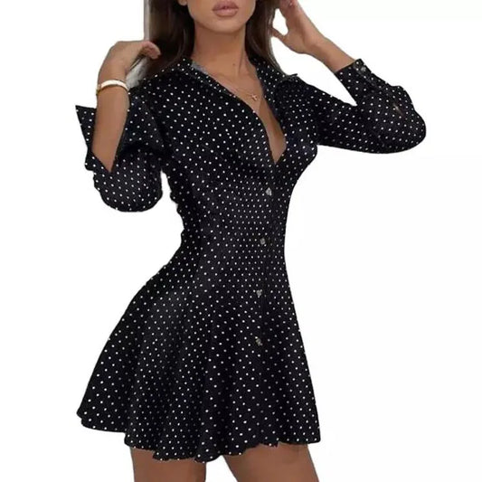 Women's Dot Print Pleated Dress Clothing Black Long Sleeve Turn Down Collar