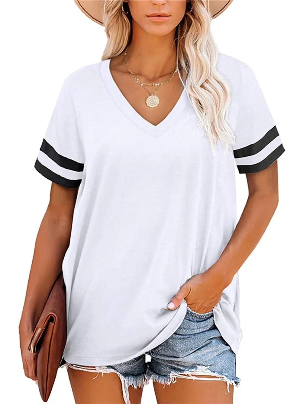 V-Neck Short Sleeve Blank Tshirts Top for Women Elegant Solid Cotton