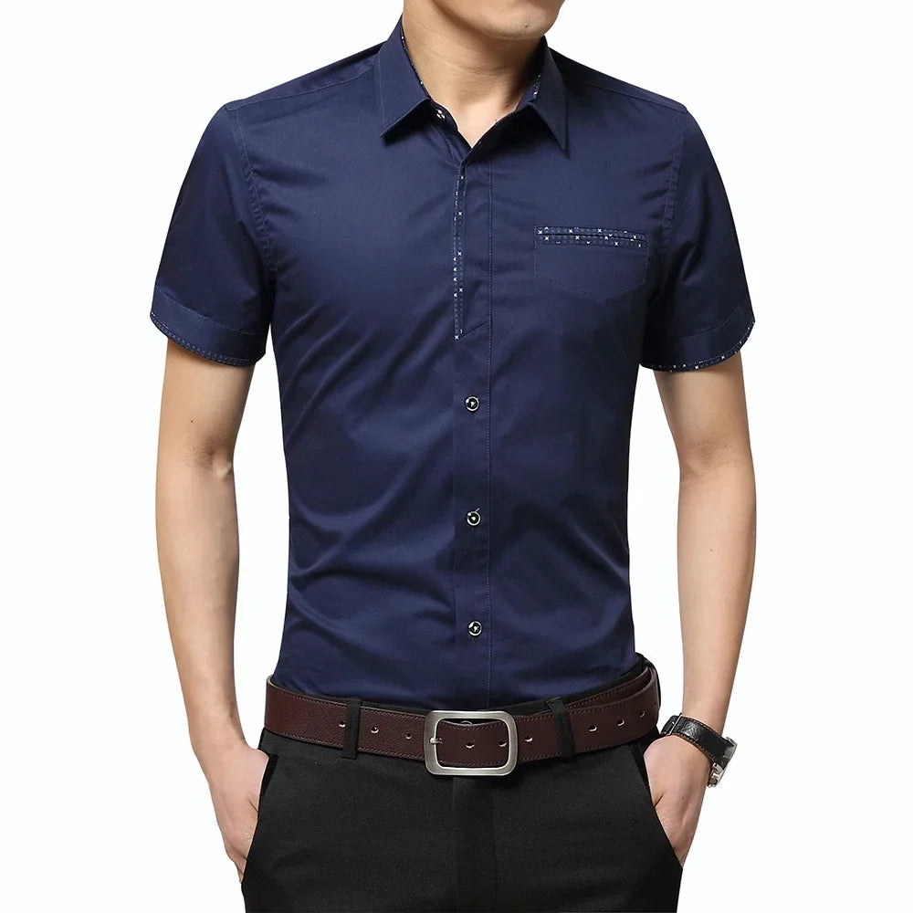 Summer Men Cotton Short Sleeves Dress Shirt Turn-Down Collar Cardigan