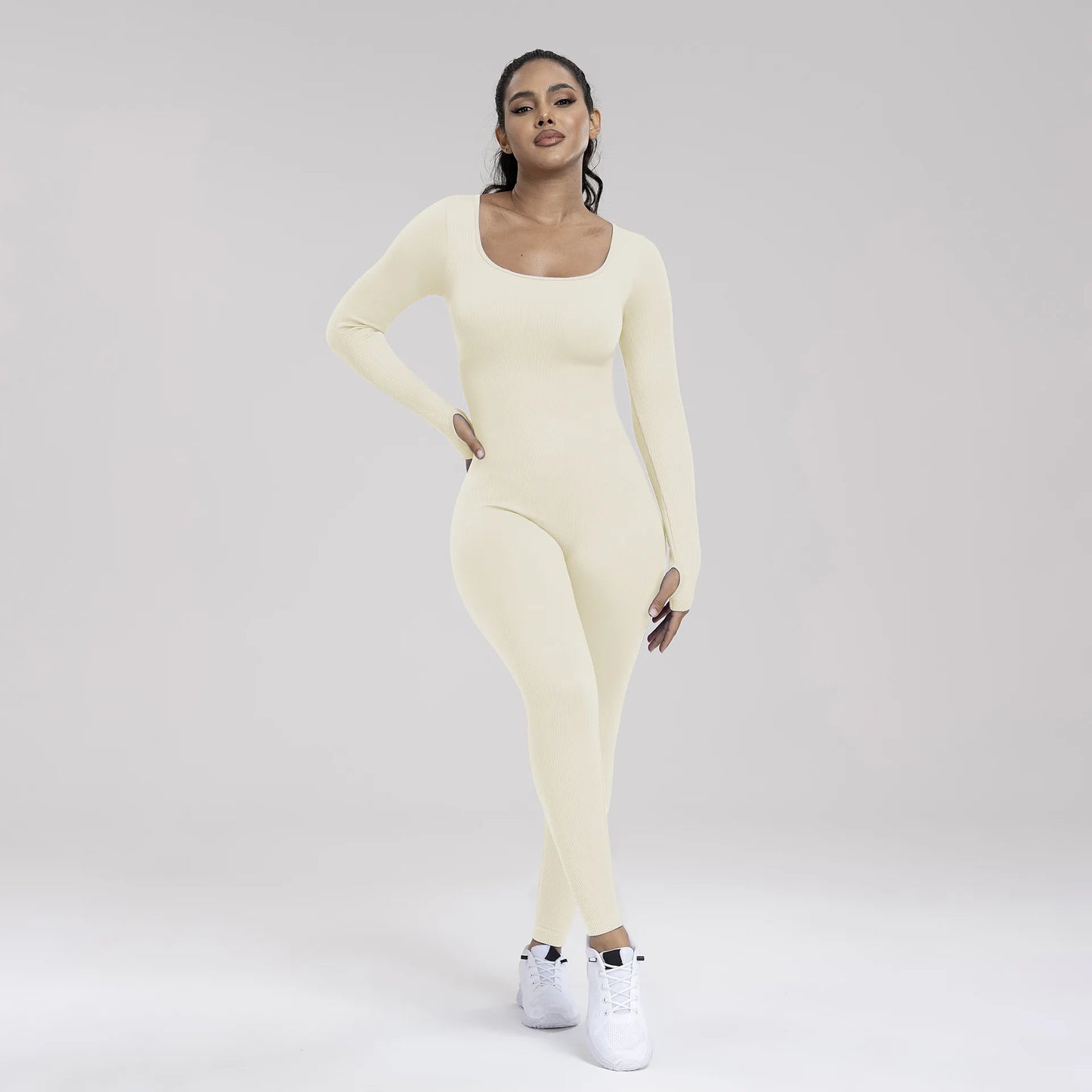 Seamless Ribbed Shaper Sport Fitness Bodysuits Yoga Jumpsuits Long Sleeve