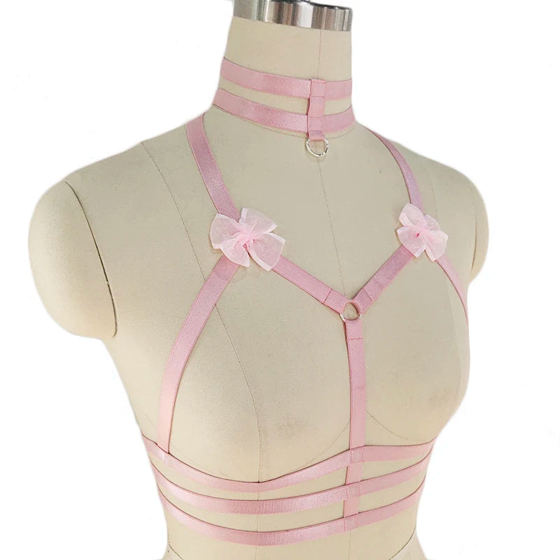 Original Design Pink Collar Bow Harness Bra Kawaii Open Chest Bondage Body Cage