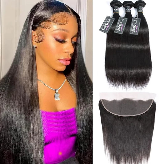 Peruvian Straight Bundles With Frontal Remy Human Hair