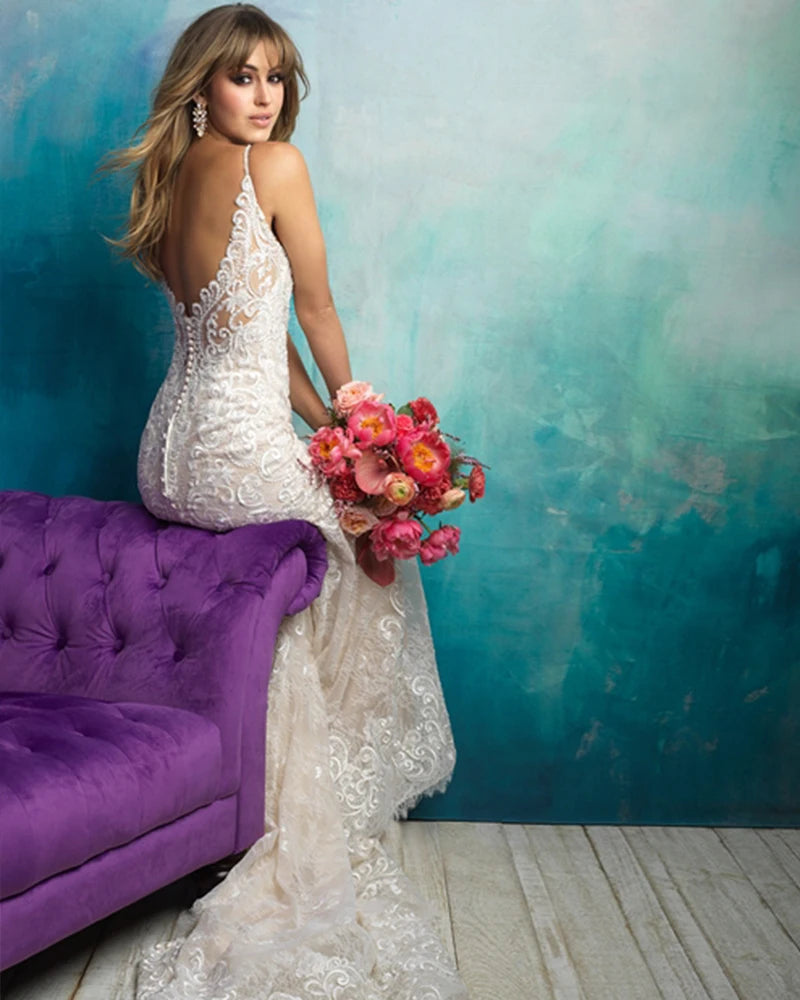 Spaghetti Straps V-Neck Backless Beading Mermaid Wedding Dress