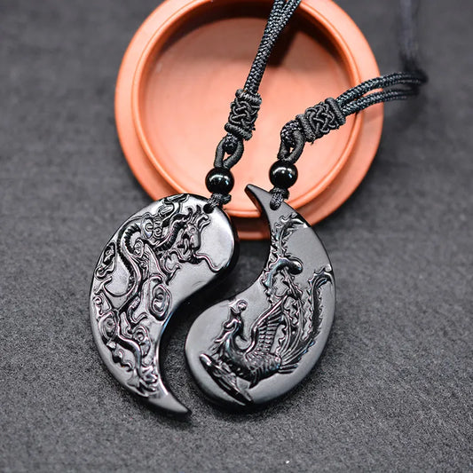 1 Set Obsidian Taichi Dragon and Phoenix Necklace Pendant