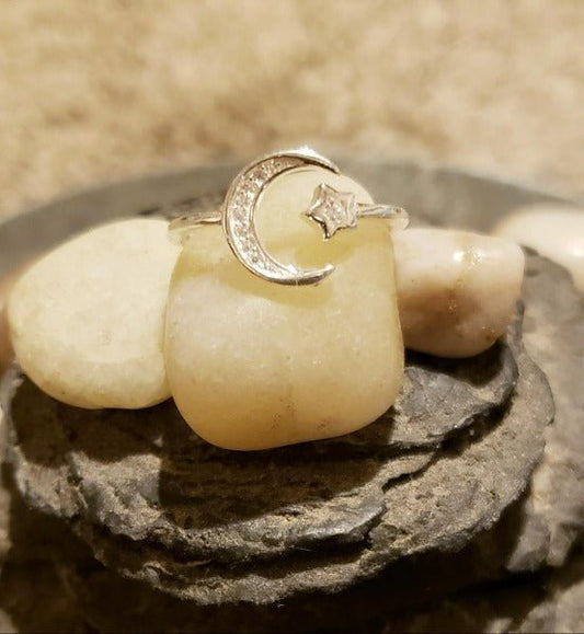 Moon & Star Adjustable Sterling Silver Ring