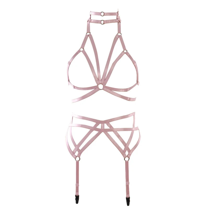 Original Design Pink Collar Bow Harness Bra Kawaii Open Chest Bondage Body Cage