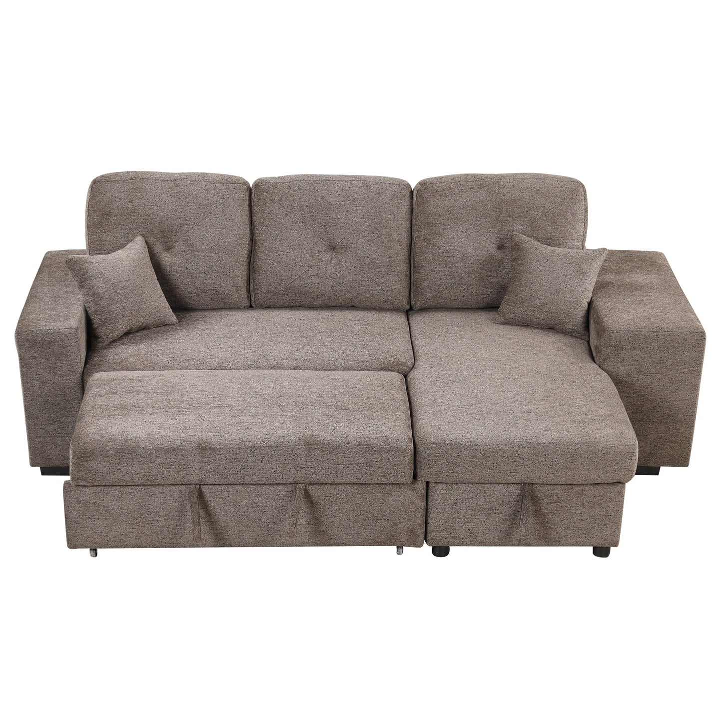 Reversible Sleeper Sectional Sofa Bed With Side Shelf and 2 Stools