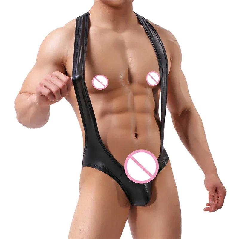 Sexy Mens Undershirts PU Leather Bodysuit  Gay Backless Briefs