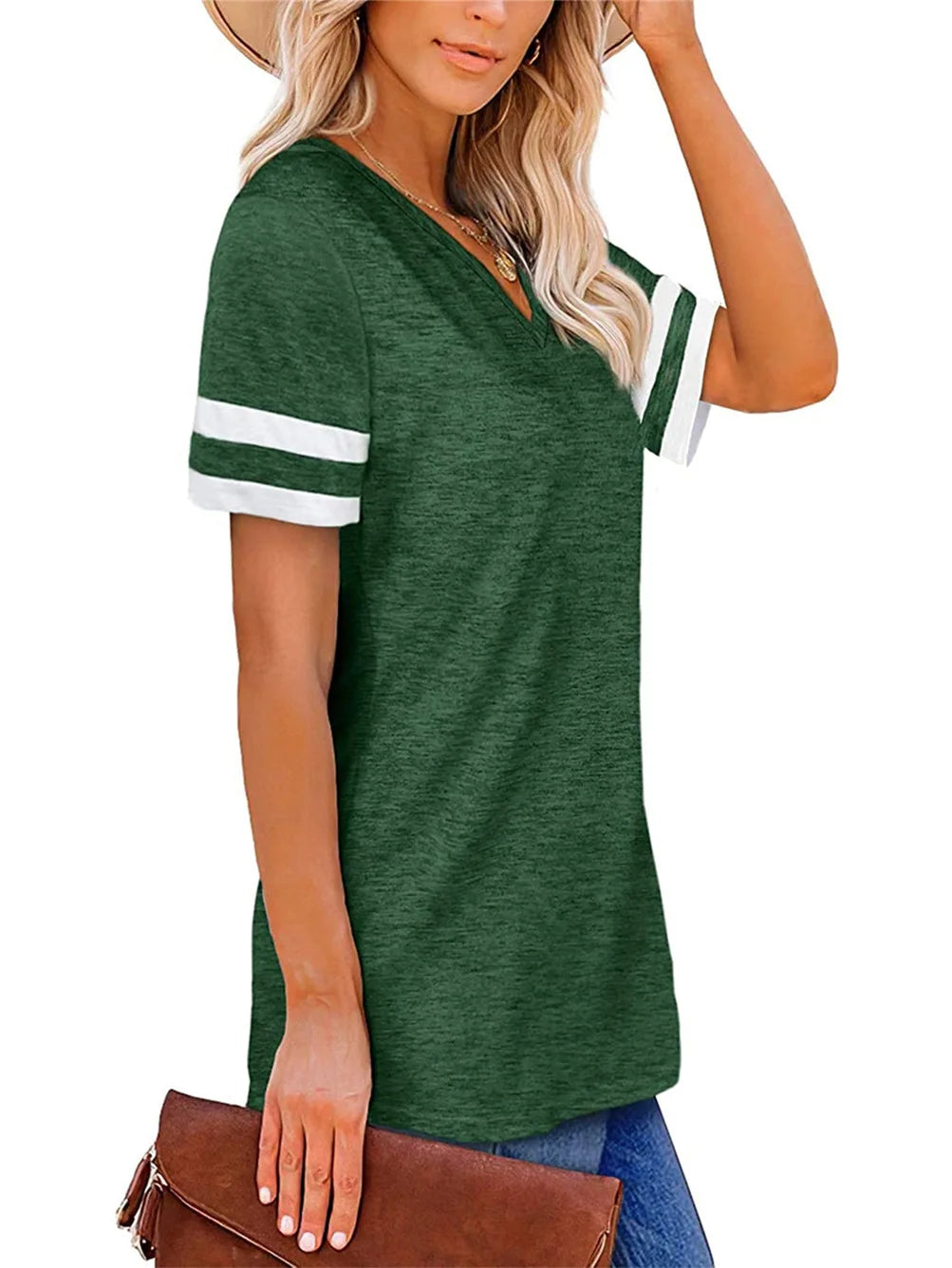 V-Neck Short Sleeve Blank Tshirts Top for Women Elegant Solid Cotton