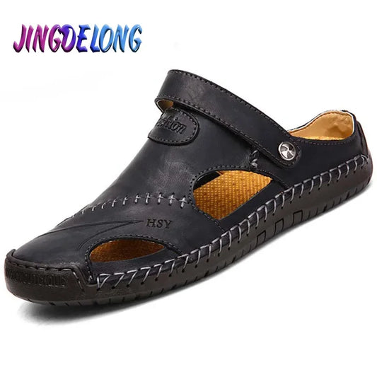 Summer Men's Leather Sandals Slides Breathable Outdoor Beach Slippers