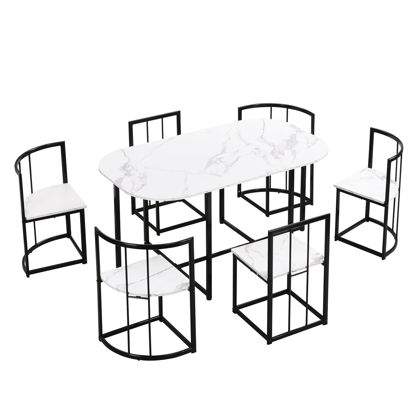 Modern 7-Piece Dining Table Set With Faux Marble Compact