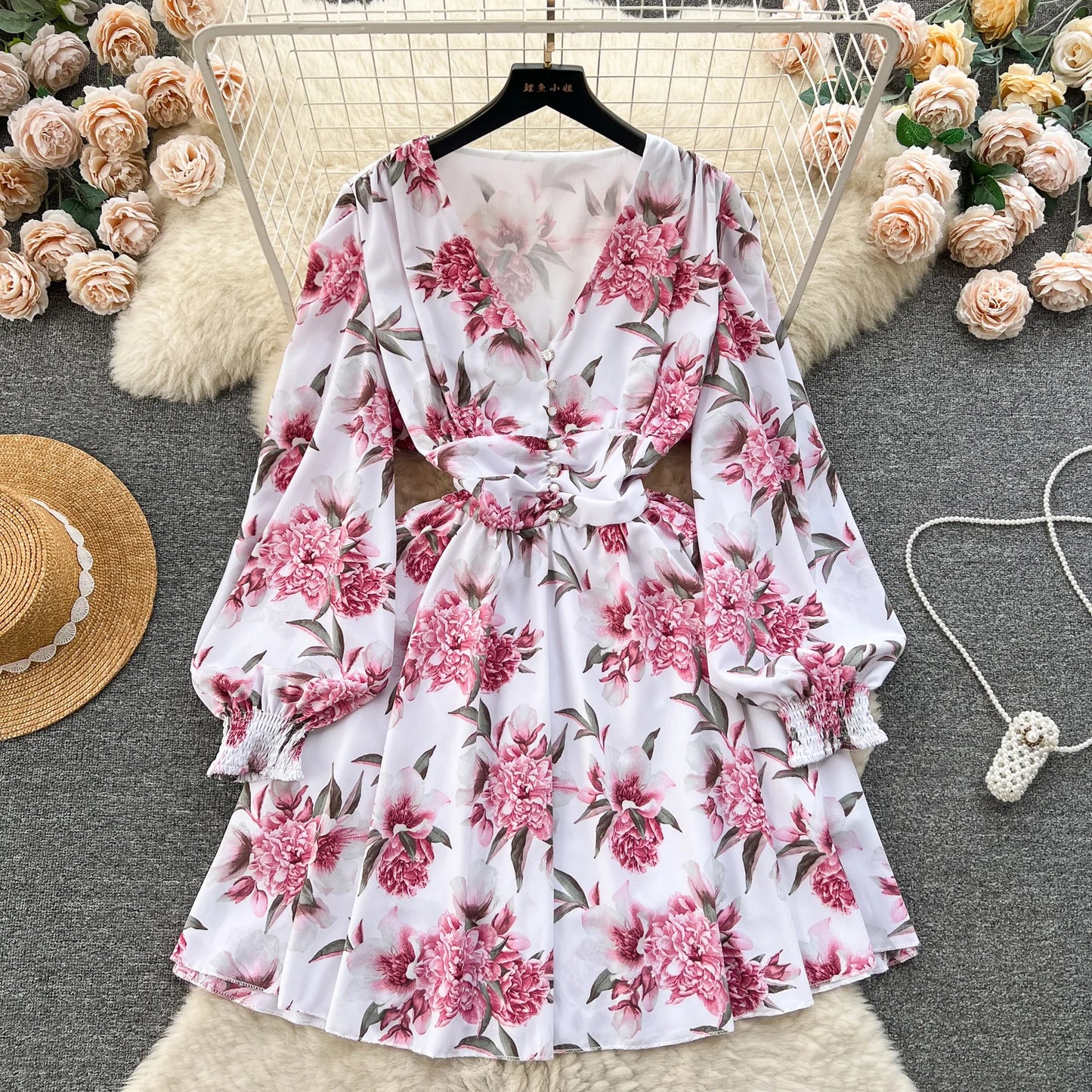 Women's Clothing Ladies Long Sleeve Deep v Neck Dress Floral Print Chiffon