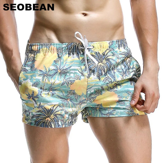 Short Men Board Shorts Coconut Leaf Pattern Sea Beach Style