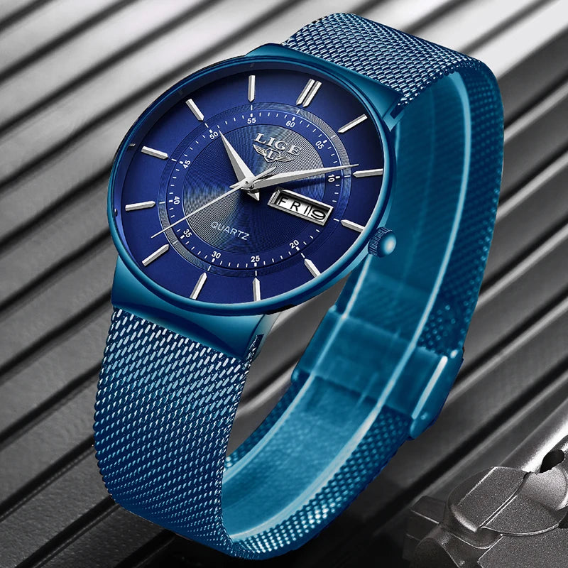 New Blue Quartz Clock LIGE Mens Watches Waterproof Wrist Watch Reloj Hombre