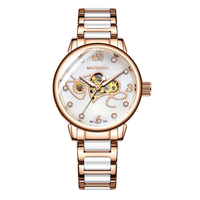 Women Bracelet Watch Skeleton Automatic Wristwatch Mesh Stainless Steel Band