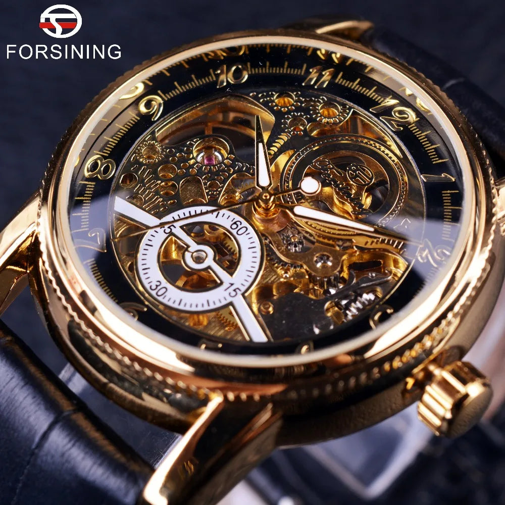 Skeleton Casual Black Golden Case Gear Bezel Watches Men Automatic Watches