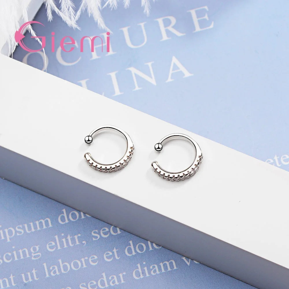 Sterling Silver Ear Clip Earrings Simple CZ Crystal Paved Circle Loop Design