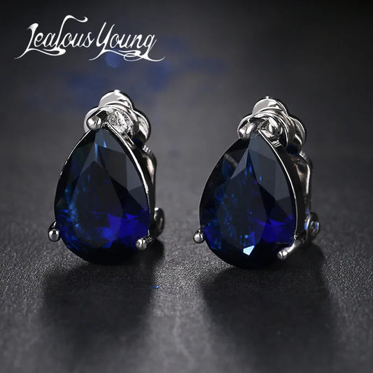 Water Drop Cubic Zirconia Clip  Elegant Blue Stone Earrings