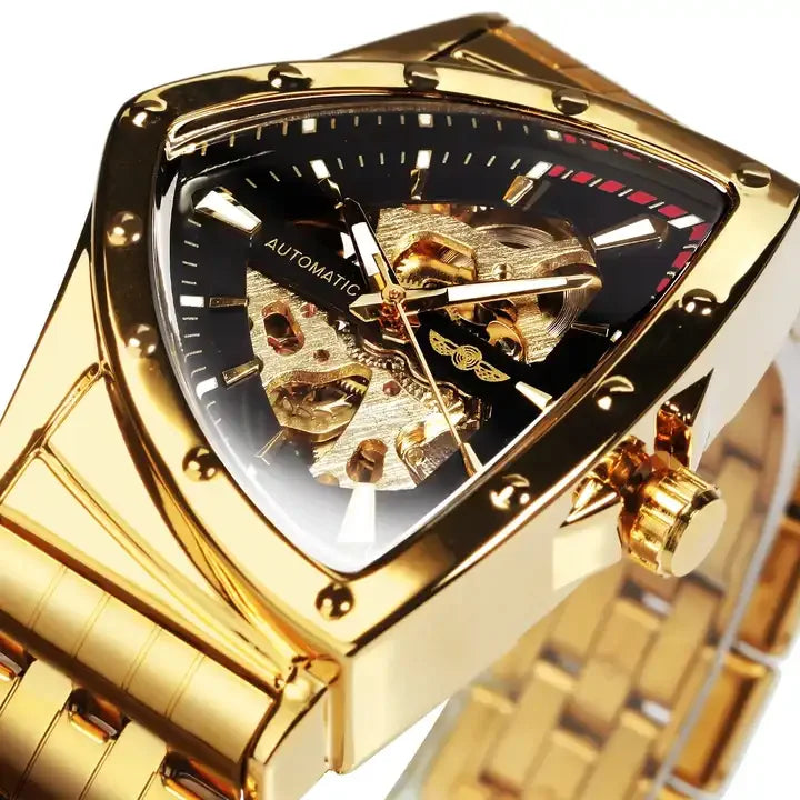 Skeleton Gold Watch Men Automatic Mechanical Wristwatch Stainless Steel Watch