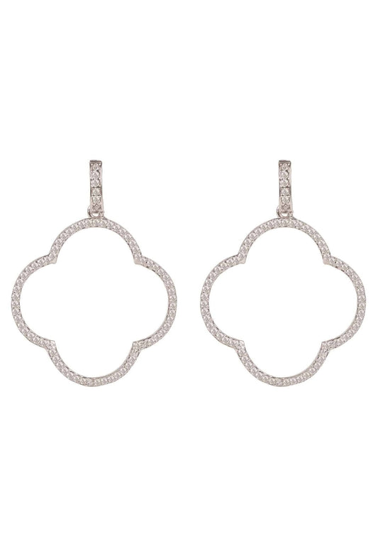 Open Clover Large Drop Earrings White Cz Silver