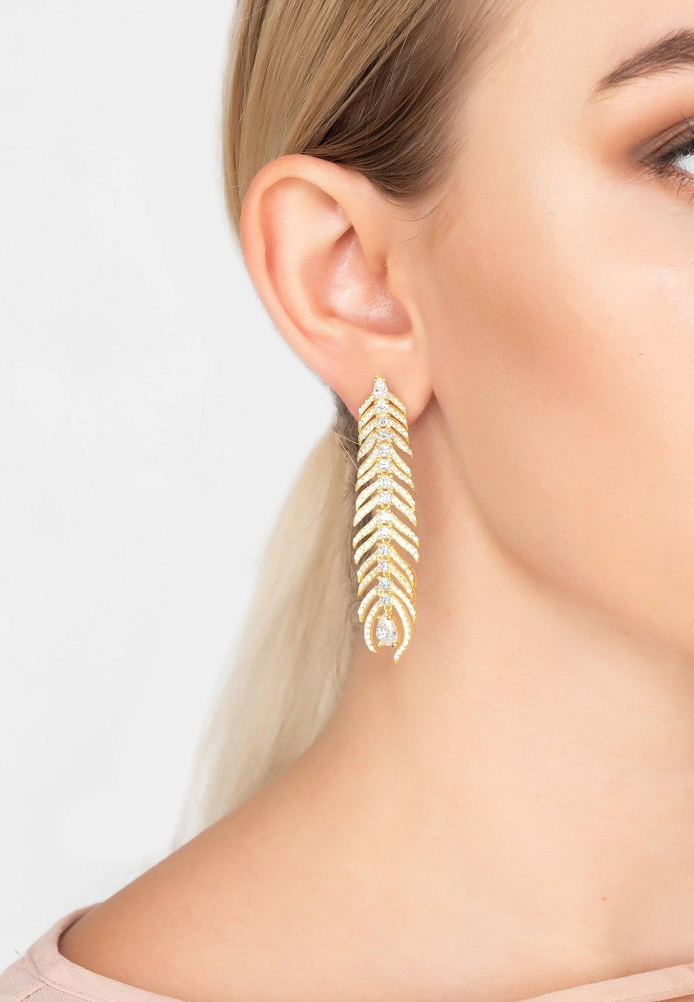 Peacock Feather Elongated Drop Earrings Silver