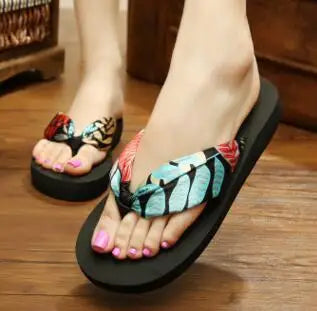 Silk Flower Print Casual Women Slippers Beach Platform Shoes Flip Flops