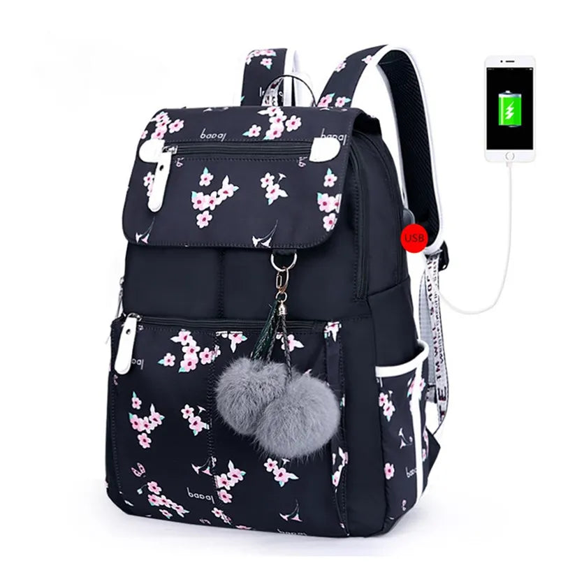 Usb School Bags  Black Backpack Plush Ball Girl Schoolbag Butterfly Decoration