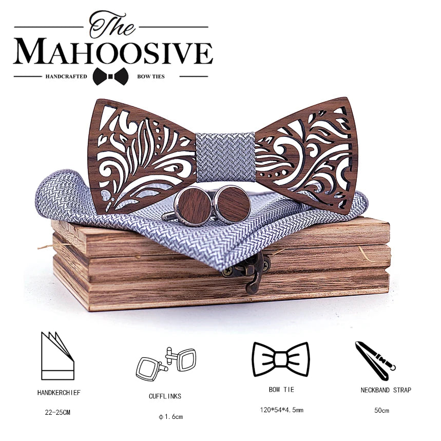 Wooden Bow Tie Set and Handkerchief Bowtie Necktie Cravate