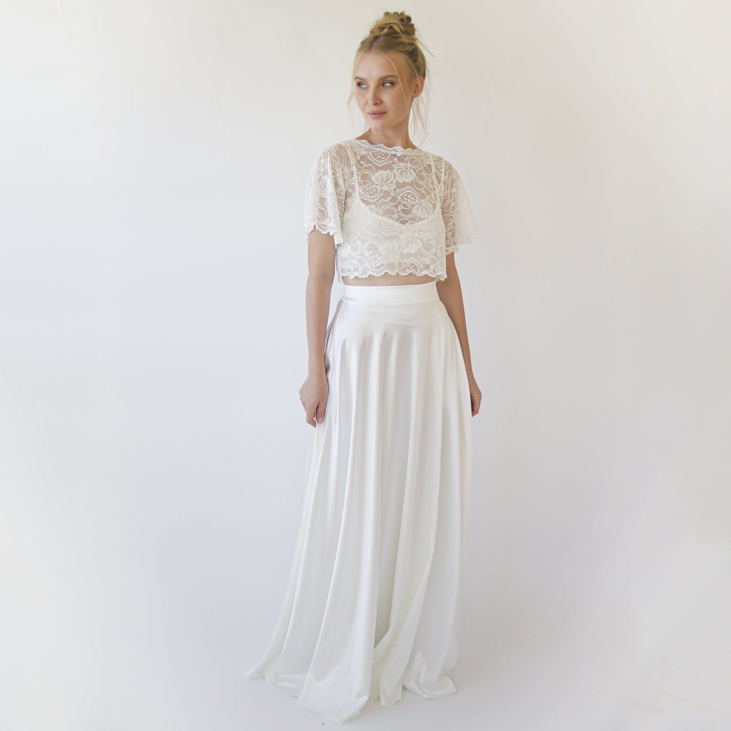 Wedding Dress Separates, Silky Wedding Maxi Skirt and Lace Cropped Top #1353