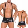 Sexy Mens Undershirts PU Leather Bodysuit  Gay Backless Briefs