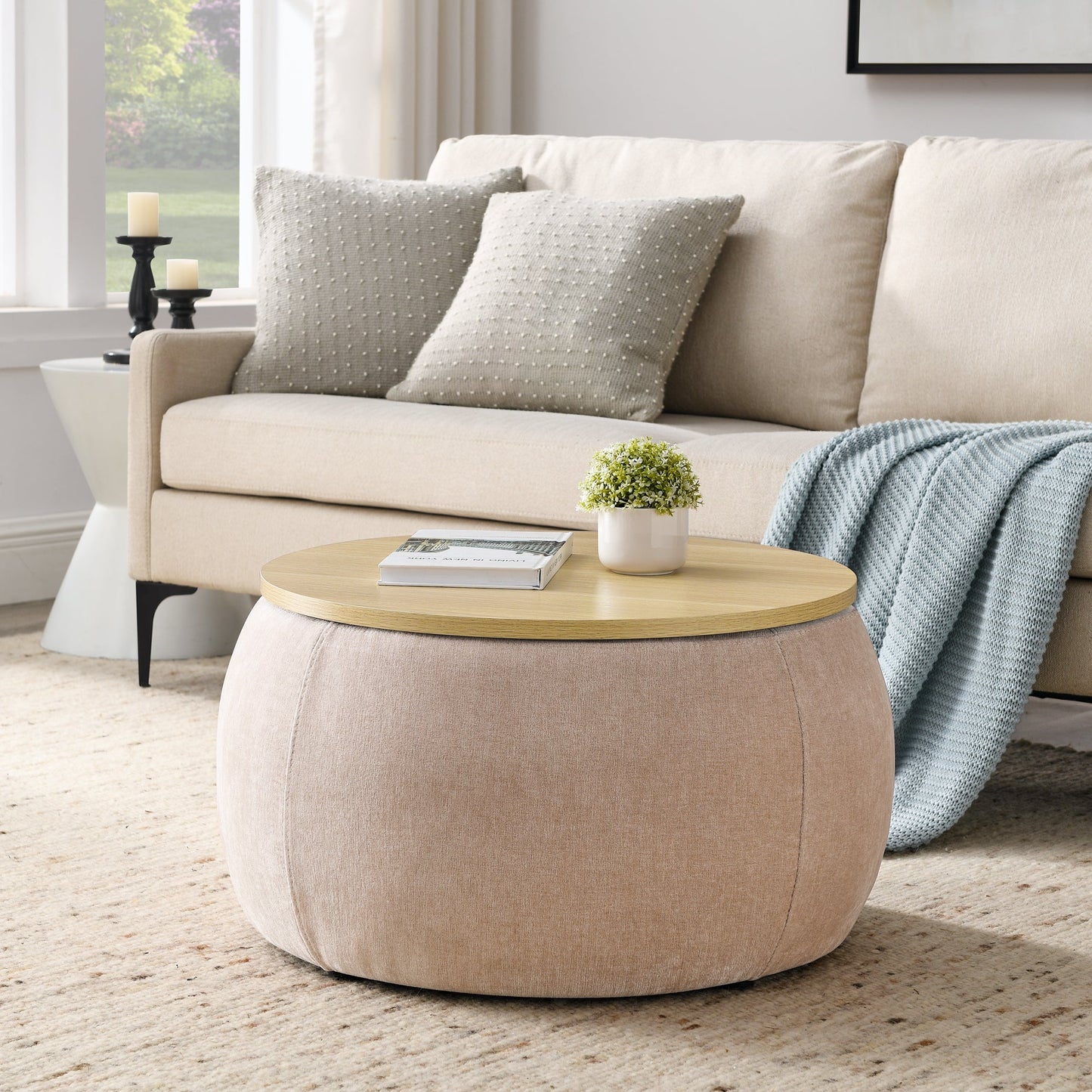 Round Storage Ottoman, 2 in 1 Function, Work as End Table and Ottoman