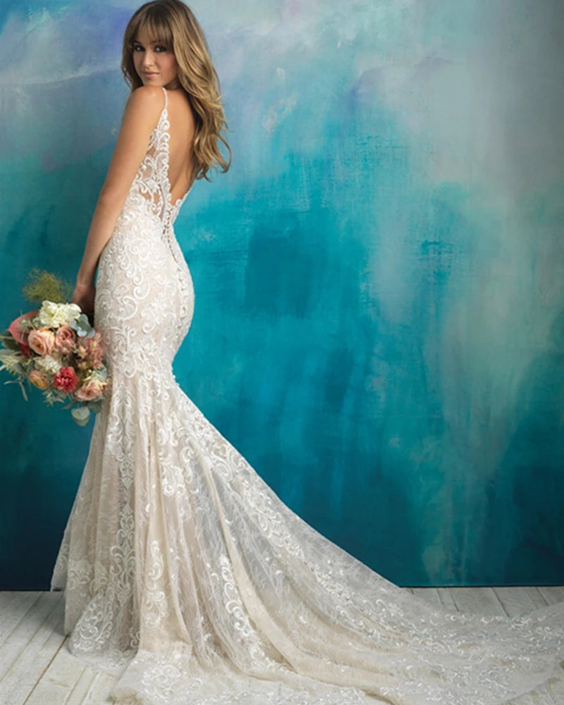 Spaghetti Straps V-Neck Backless Beading Mermaid Wedding Dress