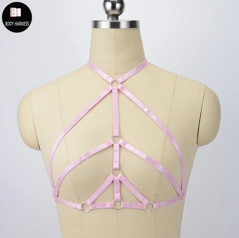 Original Design Pink Collar Bow Harness Bra Kawaii Open Chest Bondage Body Cage