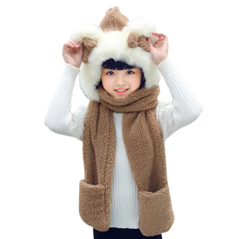 Warm Plush Winter Hat Cute Bowknot Bear Ears Scarf Gloves Hoodie Cap