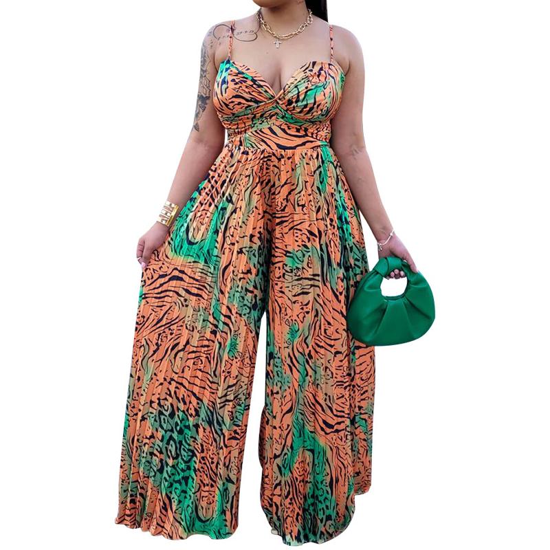 Women's Clothing Printed Drawstring Pleated Jumpsuit