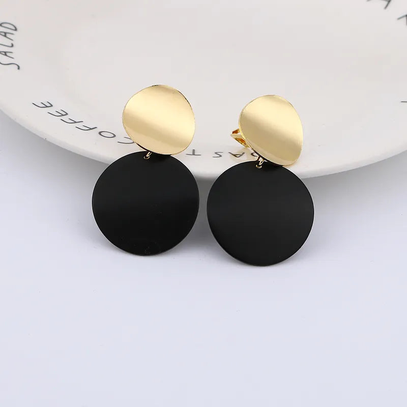 Non Pierced Clip on Earrings Gold Black Metal Round Disc Statement Ear Clips