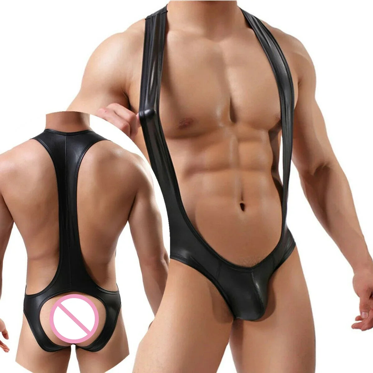 Sexy Mens Undershirts PU Leather Bodysuit  Gay Backless Briefs