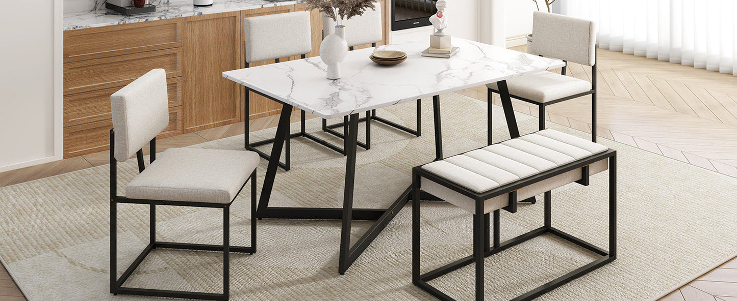 Modern Faux Marble 6-Piece Dining Table Set Dining Chairs and Bench