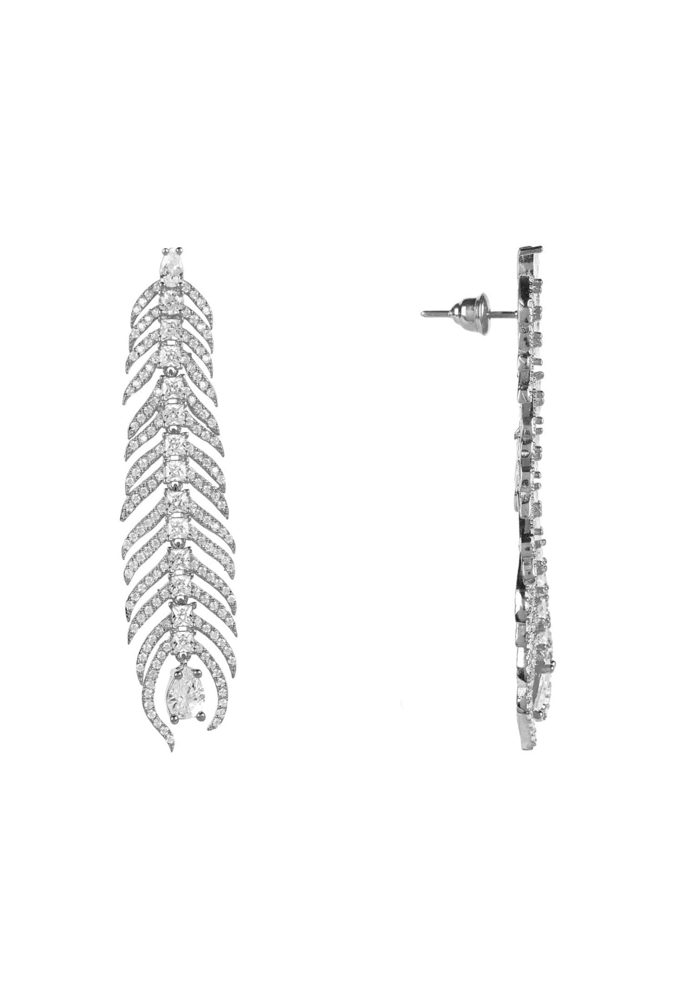 Peacock Feather Elongated Drop Earrings Silver