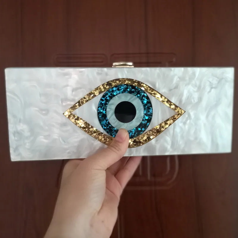 Solid Black Patchwork Glitter Evil Eye  Acrylic PVC Plastic Box Clutches  Bags