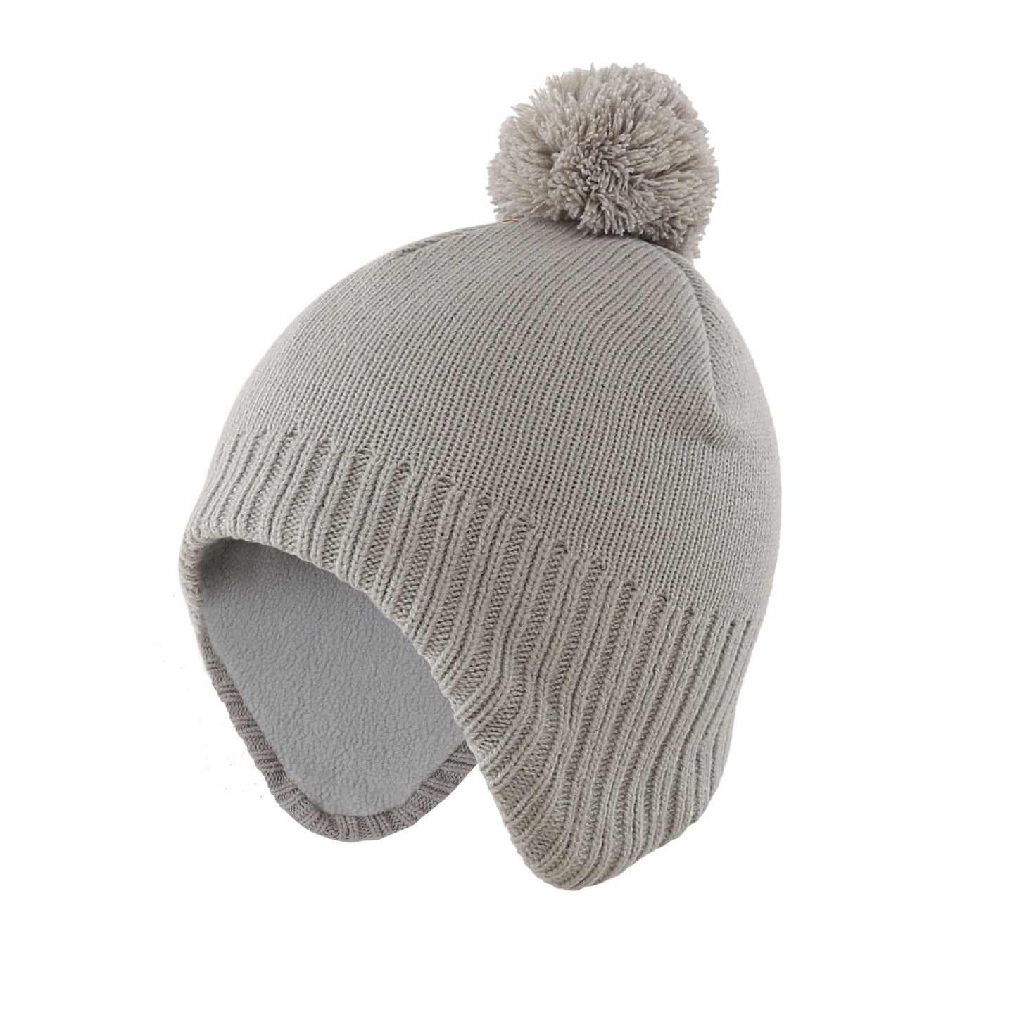 Winter Warm Hat Fleeced Lined Earflap Kids Beanie Hat With Pom-Pom