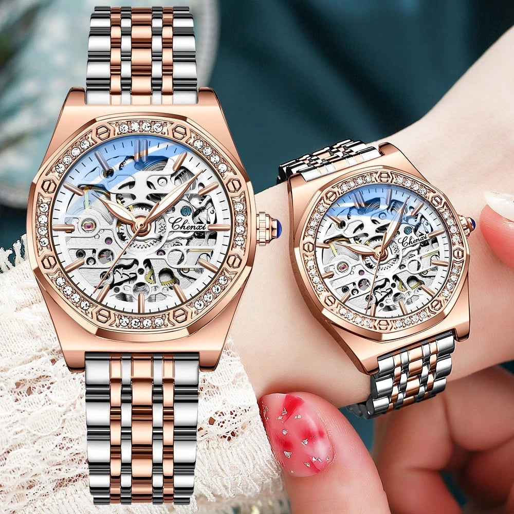 Steel Waterproof Automatic Rose Gold Mechanical Watch for Women